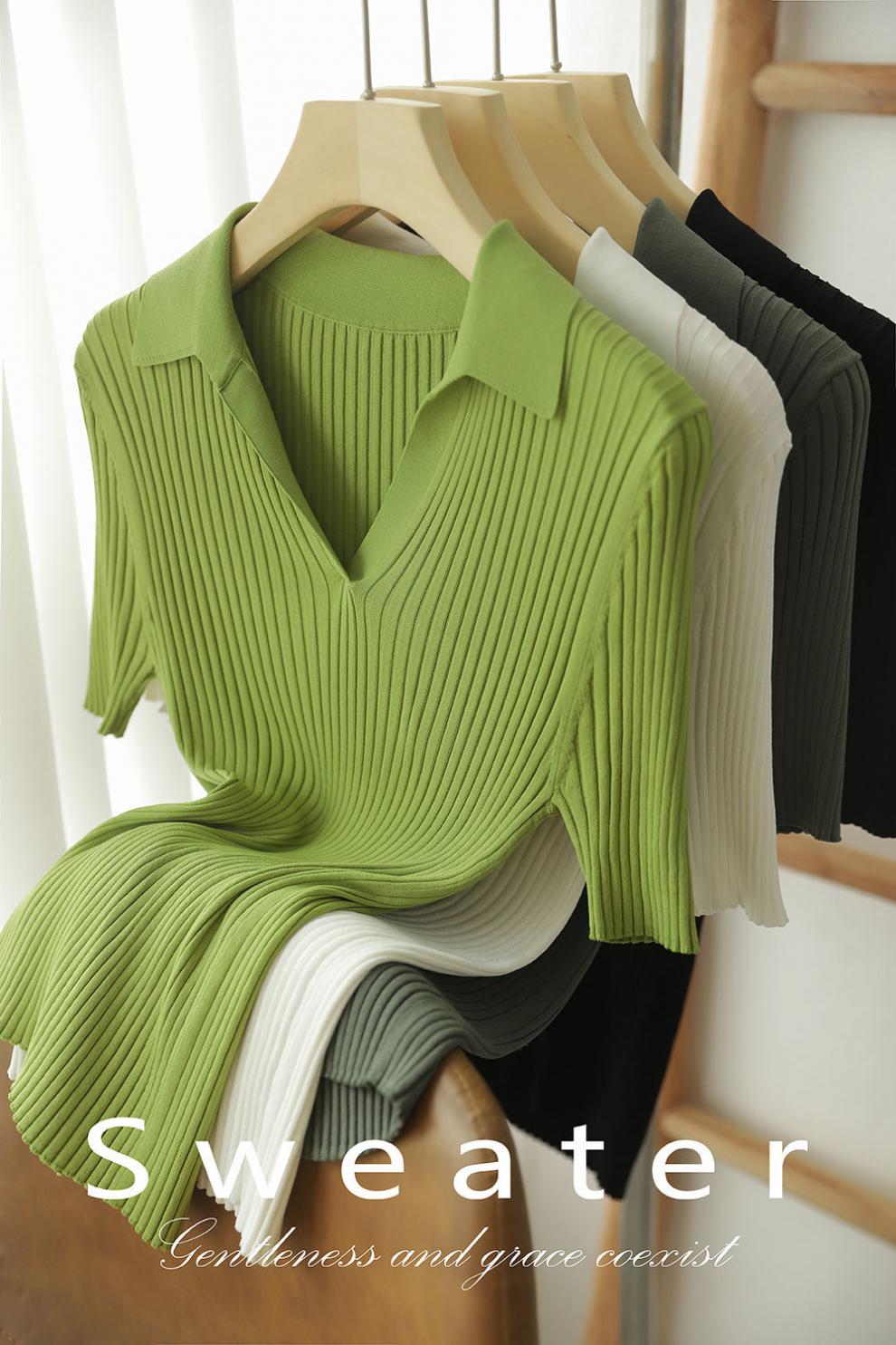 原创设计brangdy专柜polo领上衣女纯棉打底针织修身纯色短袖t恤黄绿色