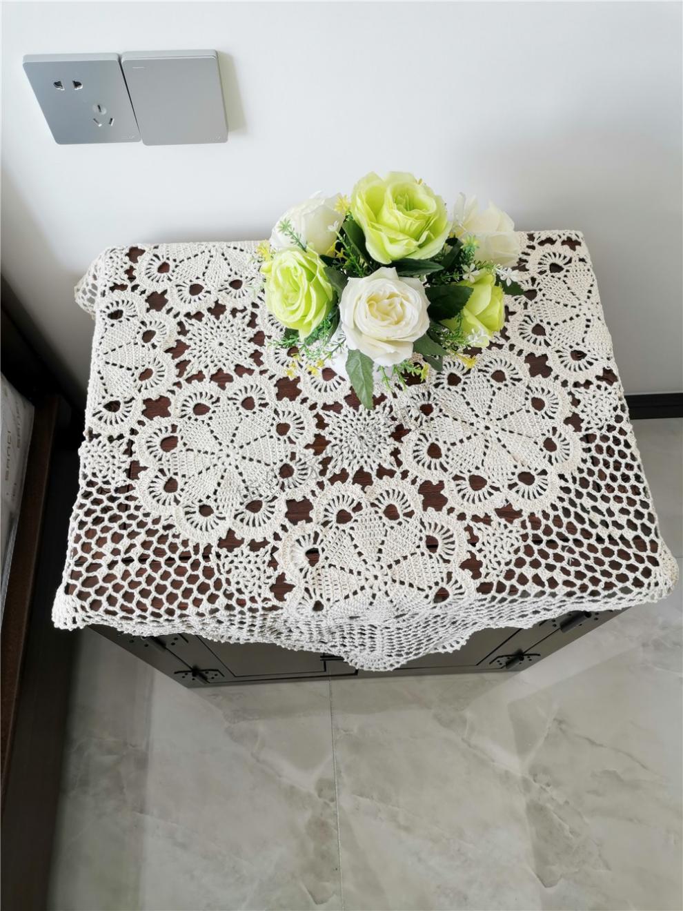 手工钩针钩花桌布田园镂空编织沙发巾复古怀旧茶几装饰盖布米色160cm