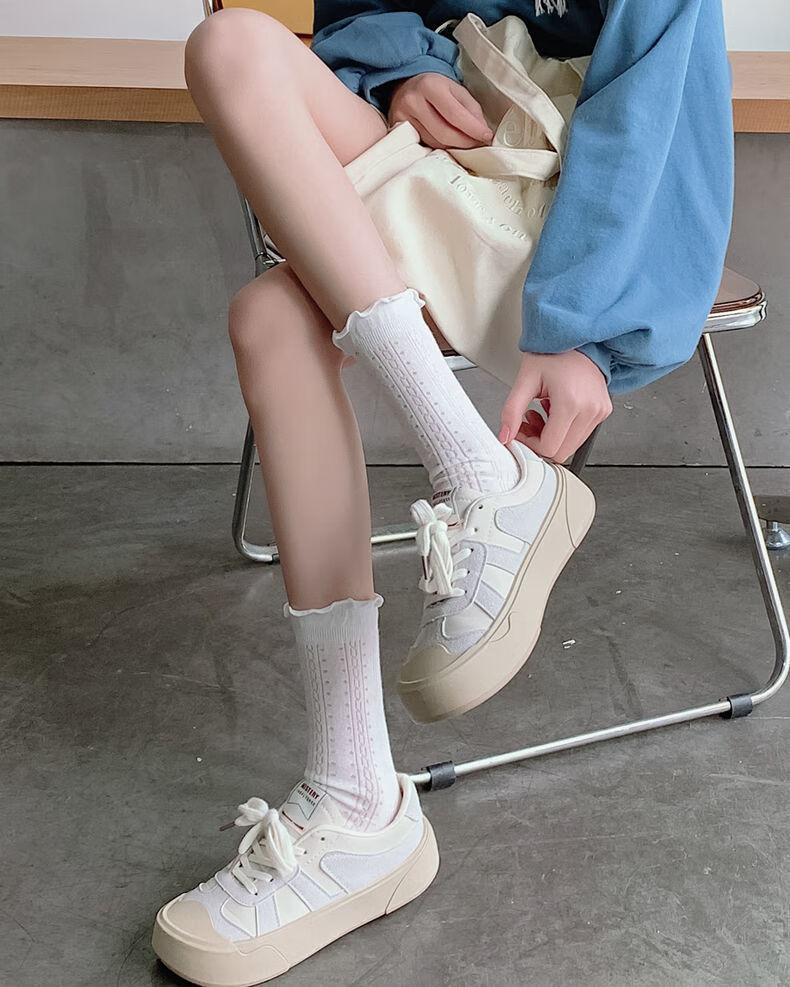 岩秦白袜子女夏季白色网眼花边袜子女中筒袜春夏季薄款长袜日系堆堆袜