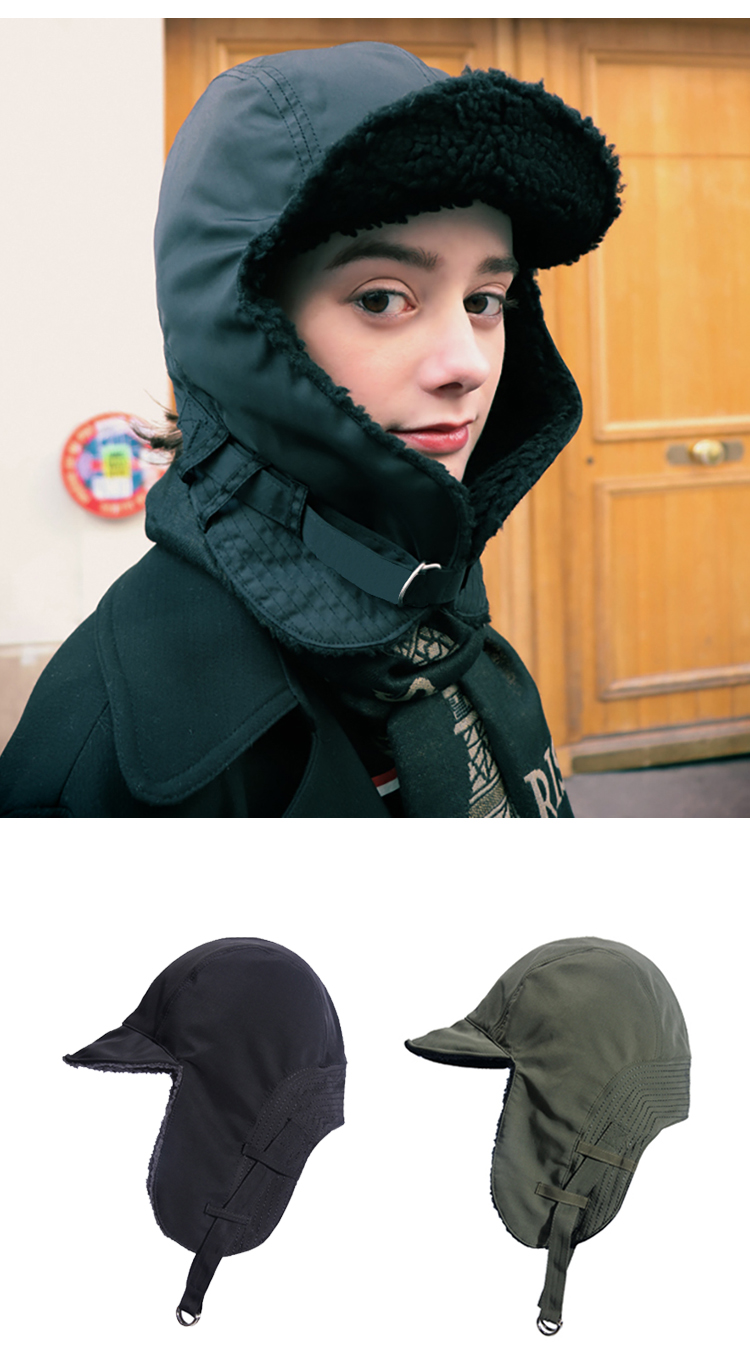 嘿饰汇飞行员帽个性雷锋帽男女骑行护耳挡风帽短檐帽子lf106黑色加绒