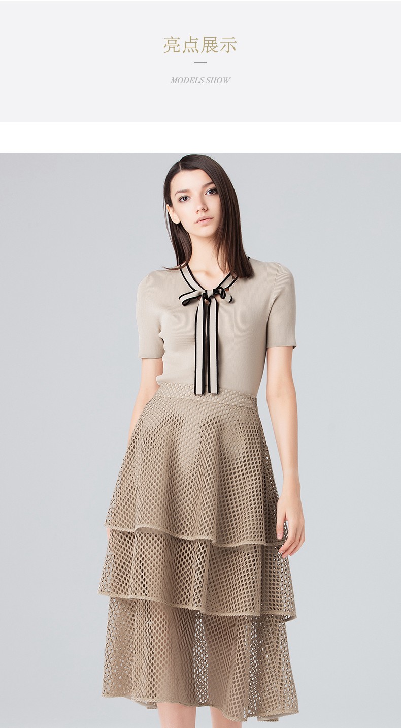 ellassay歌力思春夏新款 优雅撞色飘带短袖针织衫女 浅咖色 l