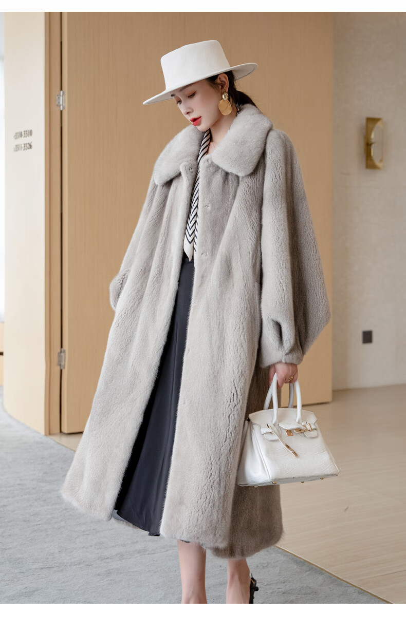 欧迪鸟品牌女装貂皮大衣女整貂长款年轻翻领水貂皮草外套 珍珠白 xl