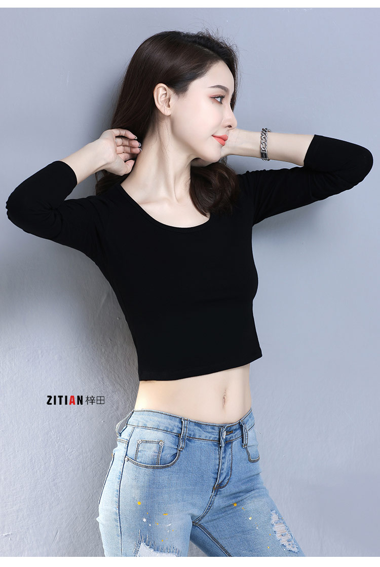 (性感漏腰t血)露腰长袖t恤上衣2020修身露脐短款纯棉高腰紧身黑白打底