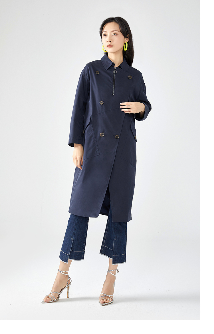 艾莱依2020年春季新款中长款双排扣风衣经典大衣外套6019aa11001 夜黑