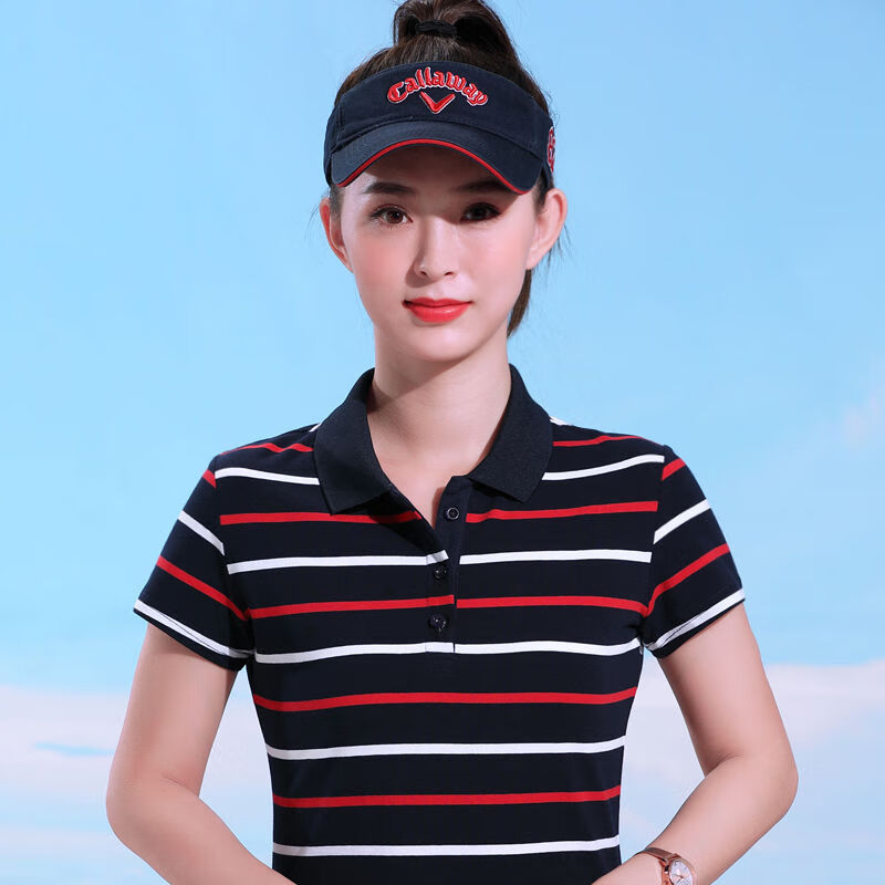 短袖t恤女夏季打底上衣短袖t恤女翻领棉韩版宽松显瘦运动有带领条纹