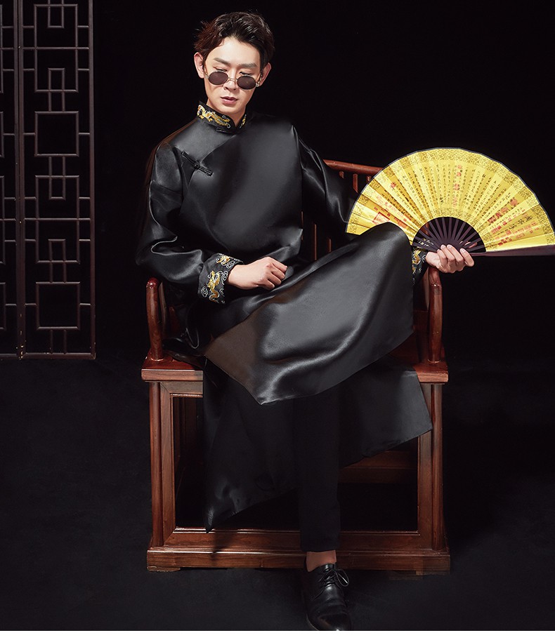 舒弗星伴郎服装中式2021夏新伴郎团装唐装马褂演出服风绣小龙黑色s