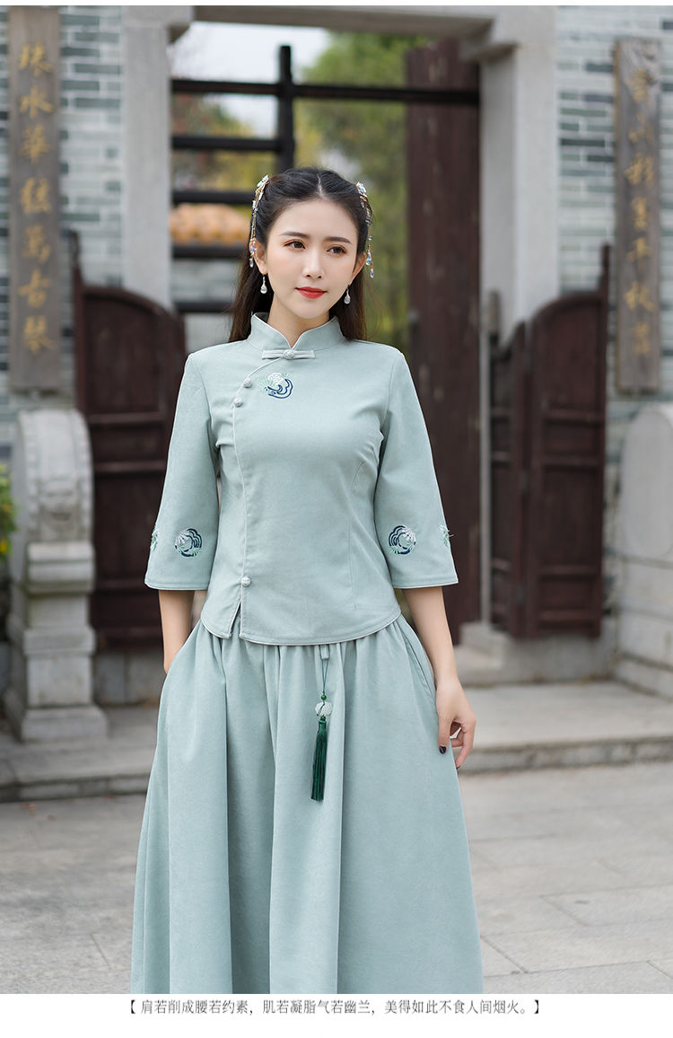 忻萦复古唐装女大码女装中国风套装改良旗袍七分袖上衣半身裙两件套