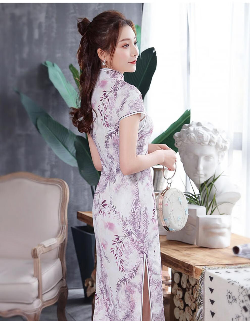 秀观唐花桃2020春夏新款改良雪纺印花优雅提花时尚中国风旗袍裙 白色