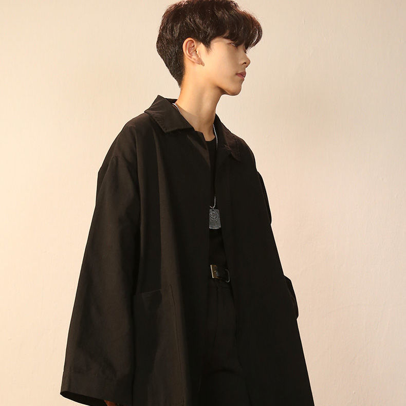 过膝潮流痞帅外套2021韩版夏秋季港风衣男生潮流男士百搭上衣黑色3xl