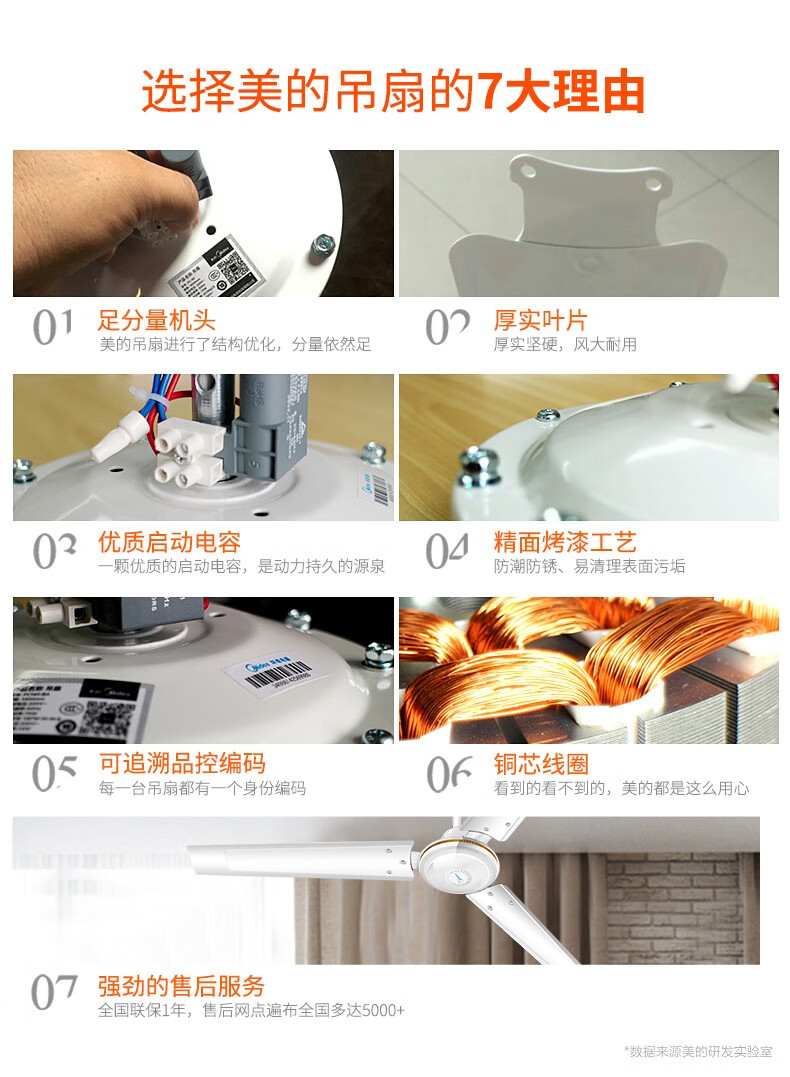 美的midea三叶吊扇4856吋家用客厅电风扇低噪节能铁叶大风力餐厅饭店