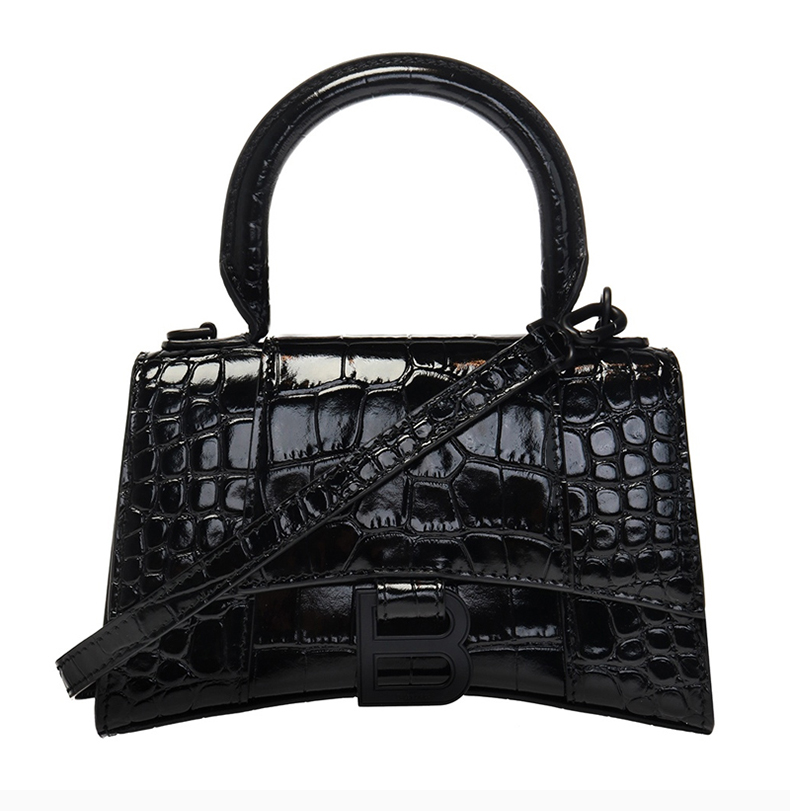 balenciaga/巴黎世家 hourglass系列女士黑色鳄鱼压纹小牛皮经典b字母