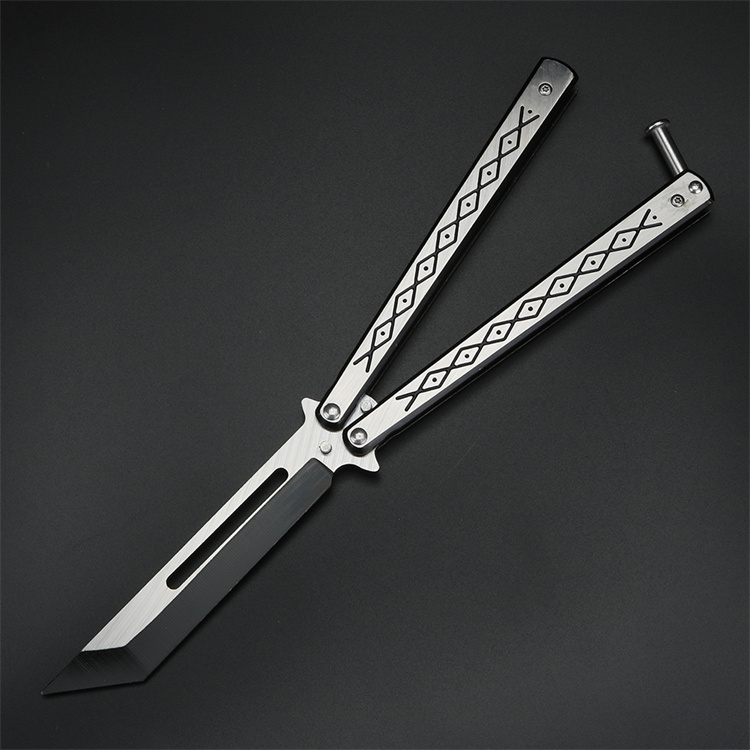 蝴蝶甩手刀新款刀练习折叠刀花式梳子全钢训练刀未开刃红色田格