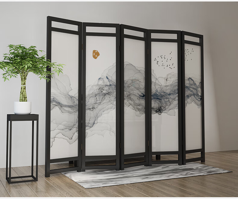 简约创意折叠移动折屏卧室办公屏风隔断墙装饰客厅半透纱抽象线条白蜡