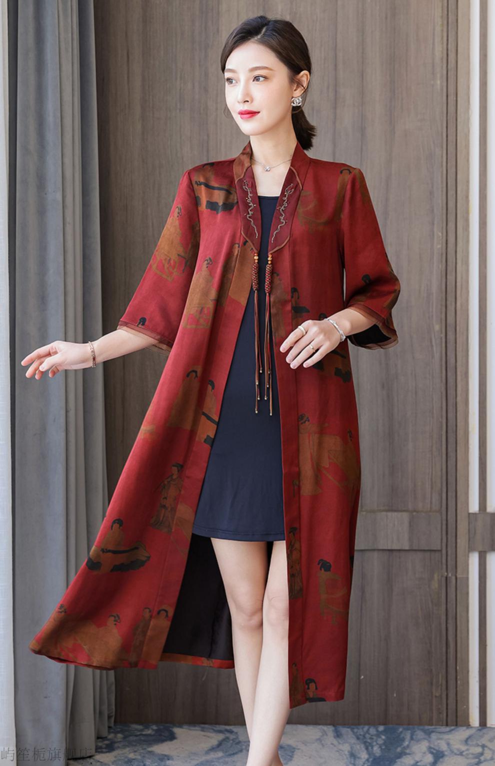 好质量正宗香云纱风衣女中长款开衫外披真丝桑蚕丝外套中老年女装