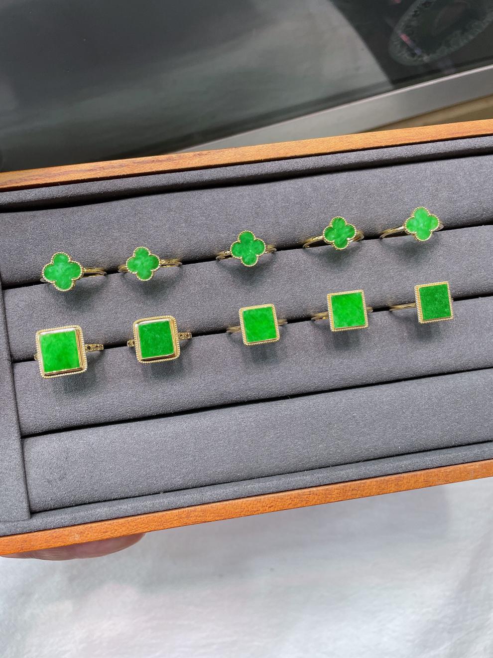 缅甸a货高端翡翠玉戒指面阳绿色18k女金镶嵌圆牌四叶草无事牌 12号