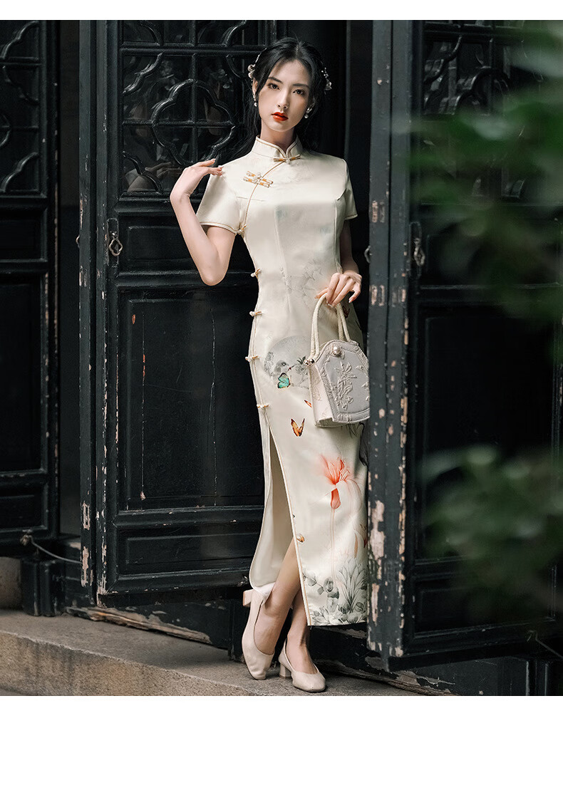 真丝旗袍高端长款少女款2022新款仿杭州夏季复古走秀演出中国风气质