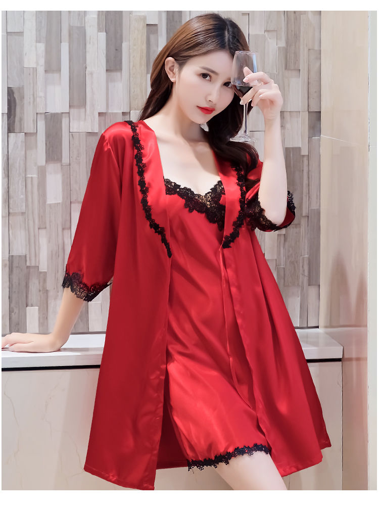 性感红色睡衣女夏丝绸睡裙吊带长袖睡袍韩版春秋款新娘诱惑浴袍女lj