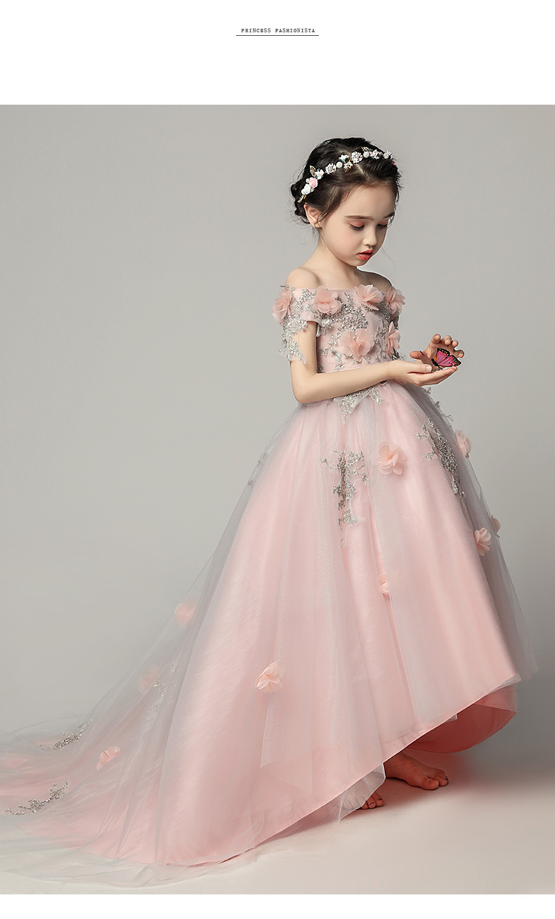 婚纱超长拖尾小女孩模特走秀演出服女童晚礼服粉色钢琴演出服适合0-3