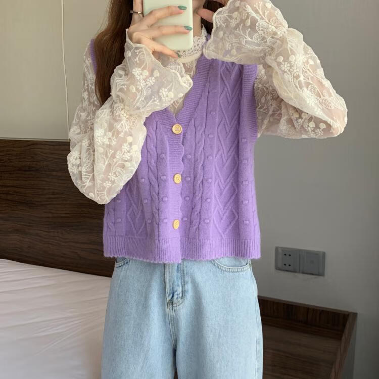毛线马甲背心女毛衣女小个子甜美温柔马甲背心别致开衫上衣紫色马甲