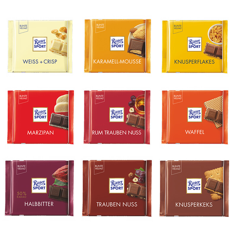 德国原装进口零食rittersport瑞特斯波德纯黑巧克力牛奶夹心薄荷榛仁