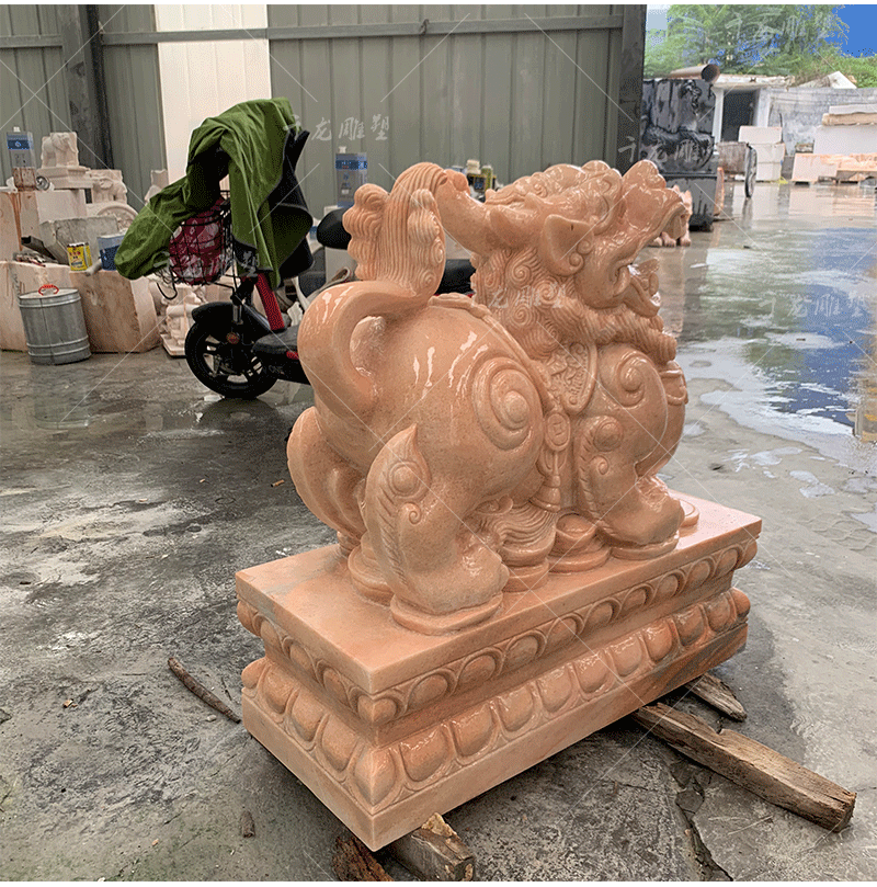 石雕貔貅汉白玉家用门口摆件晚霞红庭院看门石麒麟30厘米一对