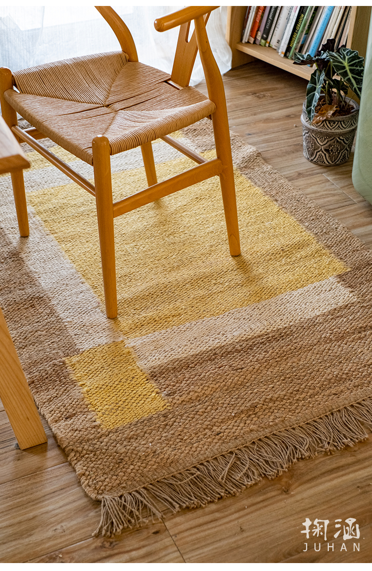 掬涵进口黄麻手工地毯客厅茶几书房卧地毯室装饰流苏床边毯黄麻地毯小