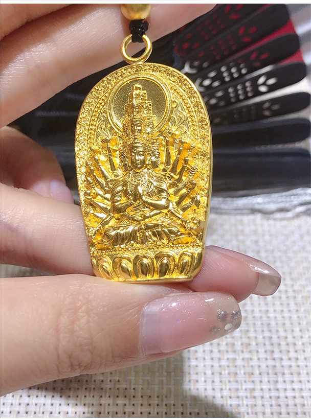 宫之瑄 黄金千手观音吊坠本命佛守护神古法金挂坠男足金坠子挂绳黑绳