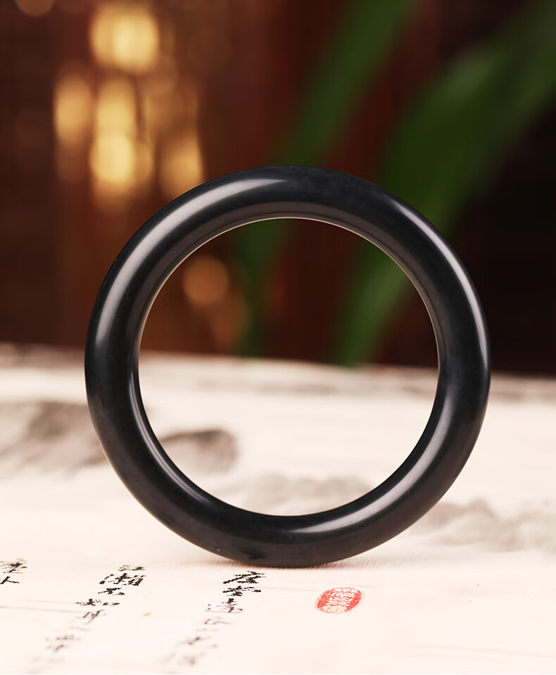 墨韵圆条天然墨玉和田玉手镯女玉镯子玉石手饰多圈可选带证书58圈口