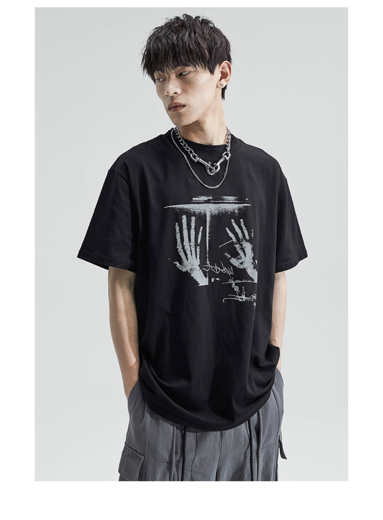 chrrota x-s影像学t恤国潮牌骷髅鬼手宽松反光印花情侣短袖男 黑色 m