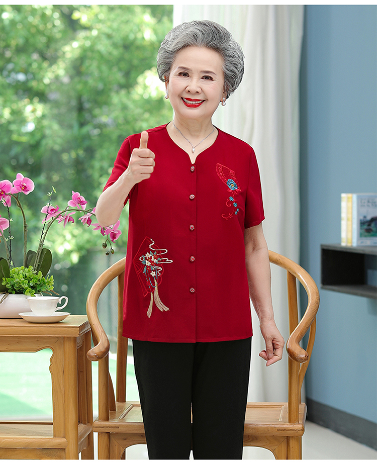 达丽莱中年老人夏装女短袖60岁70奶奶装上衣妈妈夏季衬衫纯色老太太