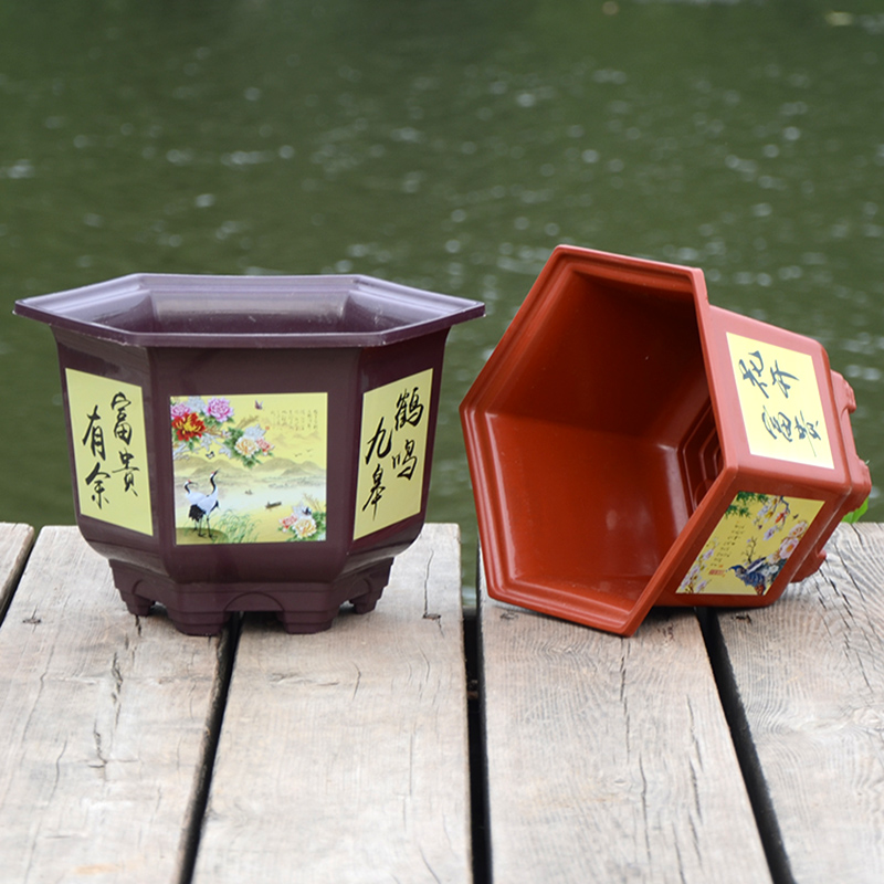 阳台仿陶瓷紫砂硬质花盆八角带托盘咖啡色六角带托盘口径22高的17340