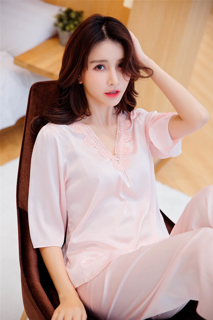 女士夏季睡衣夏天冰丝睡衣女短袖中裤蕾丝夏季薄款丝绸五分裤家居服