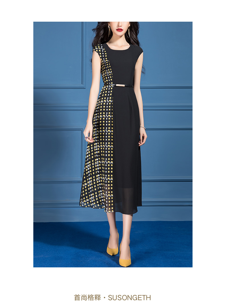 首尚格释2020新款优雅收腰修身a字裙黑色格纹拼接雪纺连衣裙女夏m088