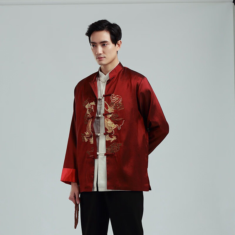 伴郎服中式唐装青年休闲中式装中国风刺绣龙上衣婚礼汉服长袖外套伴郎