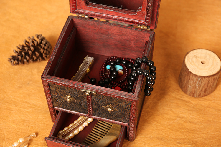 大容量妆奁古风带镜子古风梳妆匣化妆盒结婚戒指项链首饰盒带镜子多层