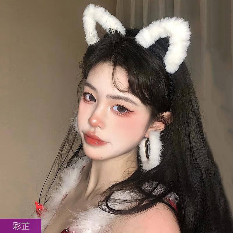 女可爱毛绒发卡网红拍照化妆洗脸压发防滑发饰cos蕾丝白色毛绒猫耳