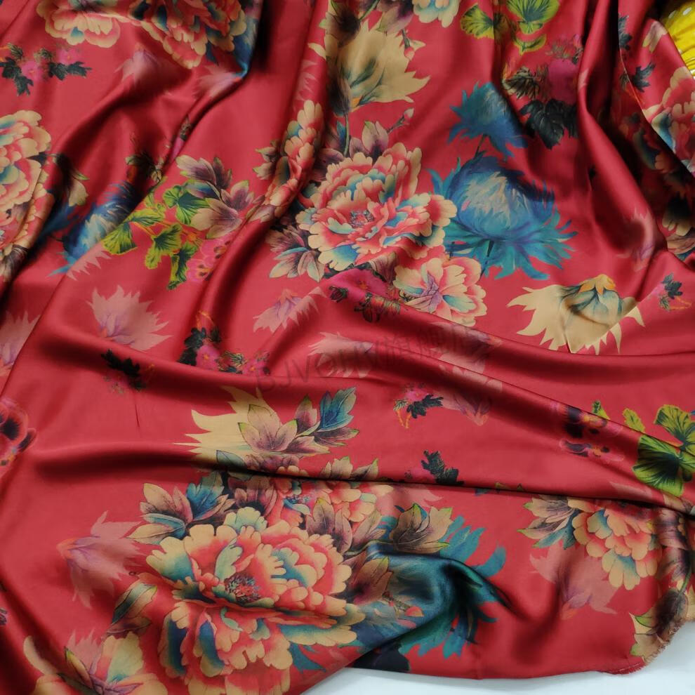 高档桑蚕丝面料西翼夏季高端重磅弹力缎布料印花丝绸印染连衣裙旗袍