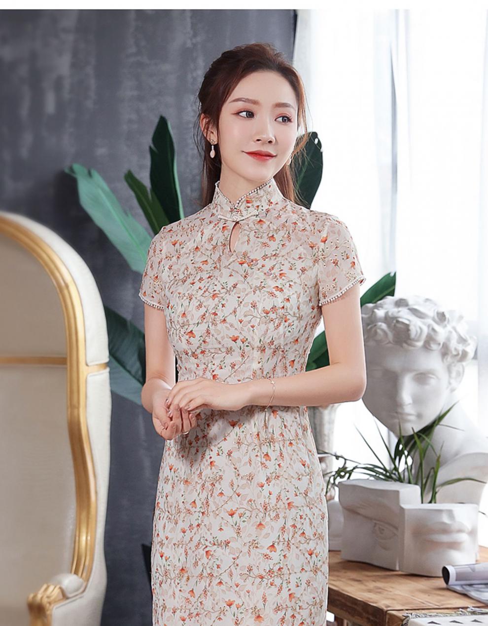 秀观唐红薇2020夏装新款改良清新小碎花少女中国风雪纺印花旗袍裙花色