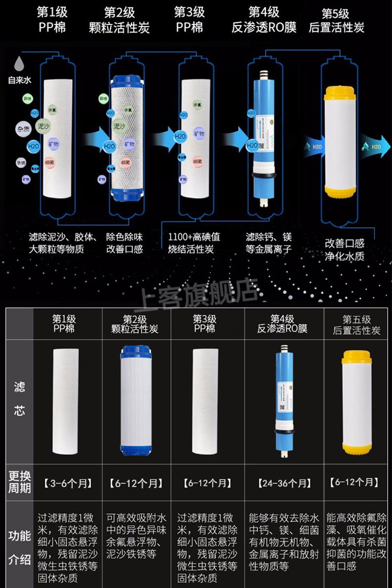 先科净水器直饮加热一体机ro100g反渗透过滤芯家用挂壁台式饮水机黑色
