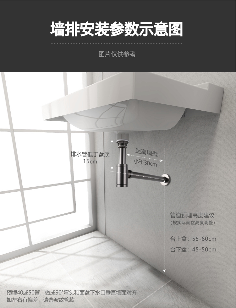 枪灰黑色面盆下水管弹跳按压下水器全铜地排入墙式墙排经典铬套装无溢