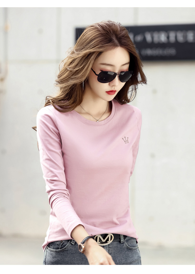 汗衫女款长袖t恤宽松大码秋衣棉妈妈打底t桖外穿上衣粉色l