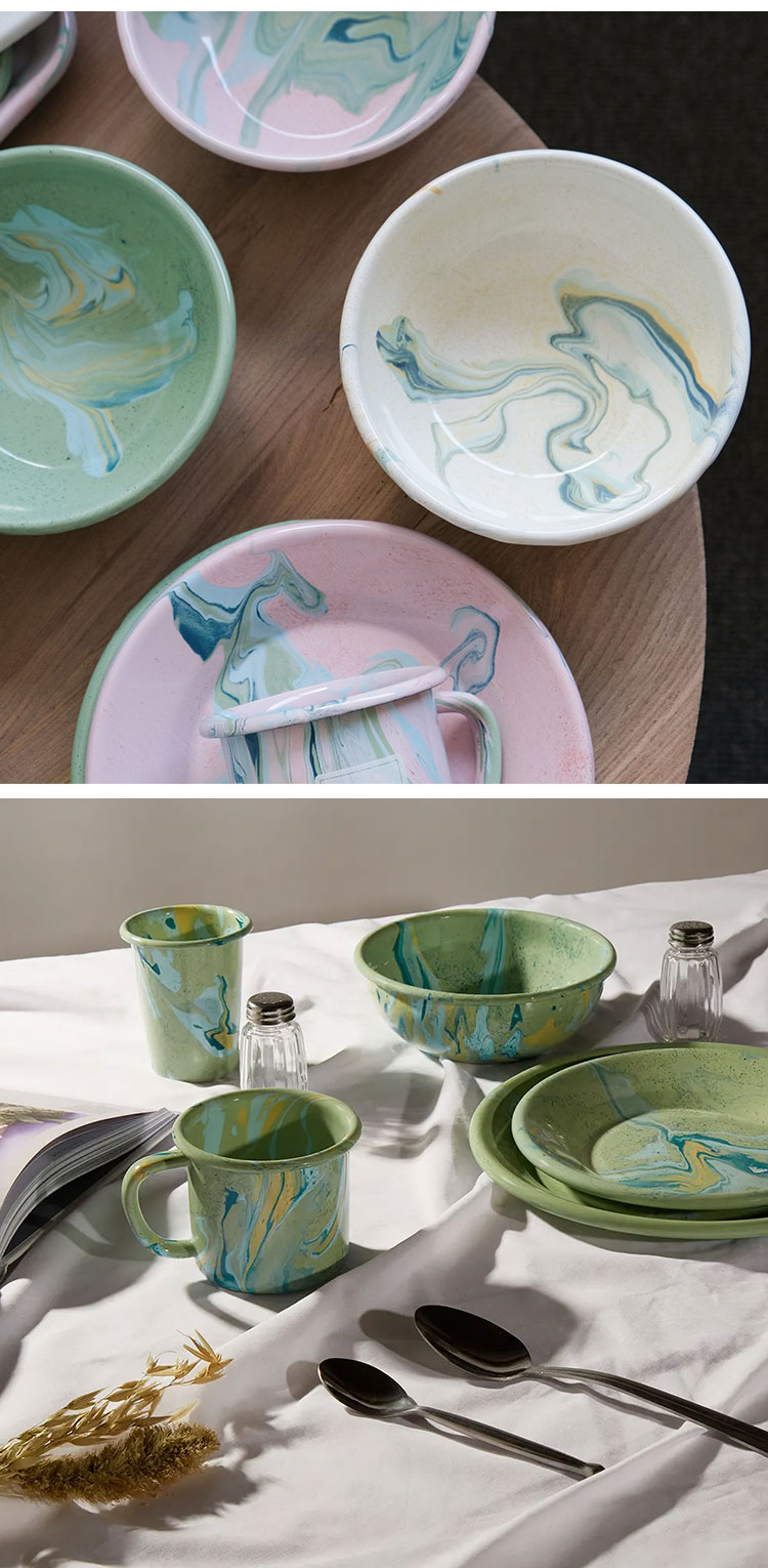 土耳其bornn托盘复古大理石纹搪瓷餐具酸奶燕麦早餐盘长方形托盘小碗