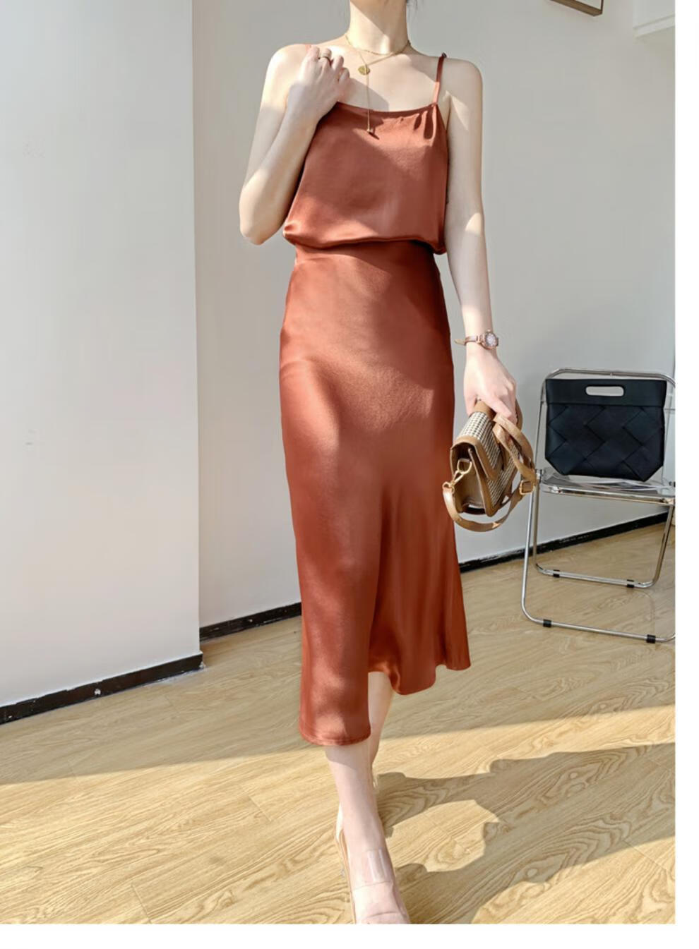 半身裙半截裙珠光缎面三醋酸伞裙显瘦感女夏中长款 香槟金色 xs【图片