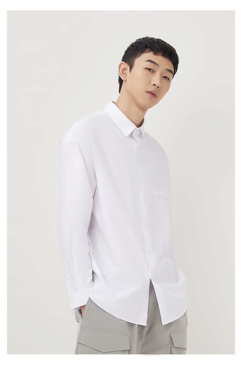 白衬衫男宽松潮国风文艺长袖翻领商务休闲立领不规则长袖衬衣 素白色
