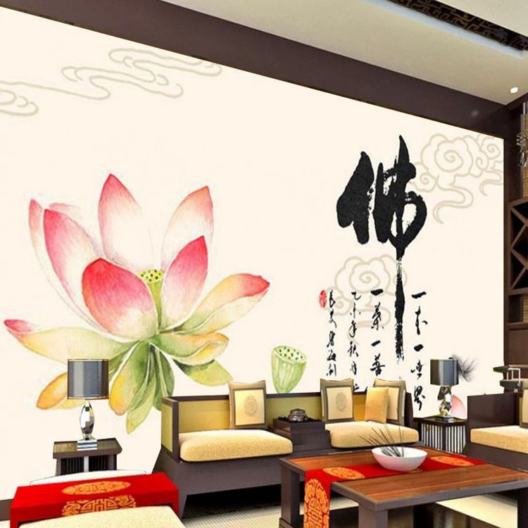 佛堂壁纸佛系禅意佛手莲花壁纸5d中式荷花养生馆佛堂背景墙纸书房茶室