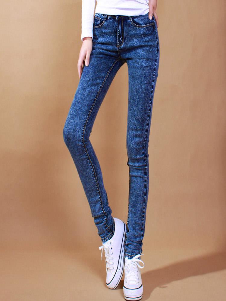 春秋柔软加长版蓝色雪花牛仔裤女高个子中腰弹力贴身小脚裤女180 8006