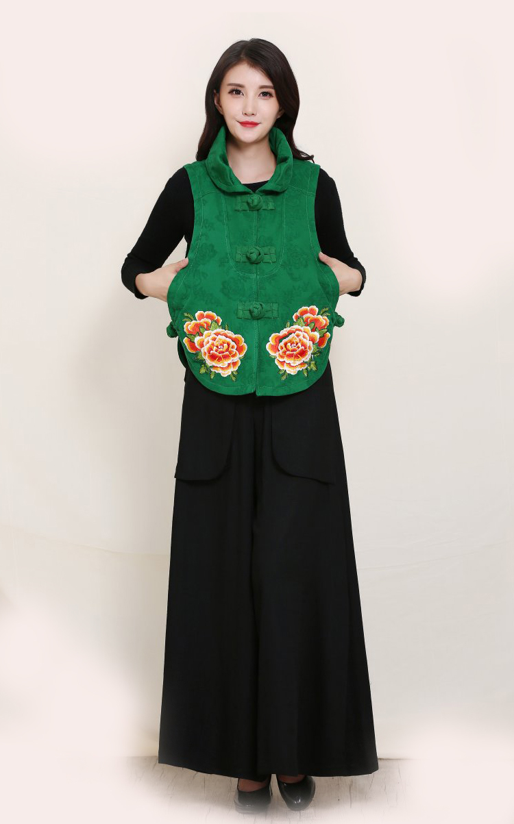 中老年马甲女春秋短款民族风棉麻绣花马夹女复古盘扣大码女装宽松