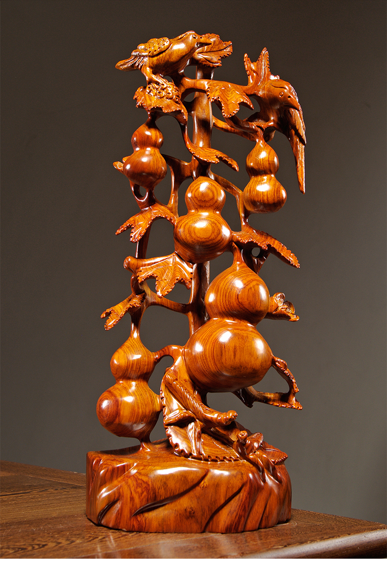 刻木东方花梨木雕刻五福临门葫芦摆件根雕红木中式客厅装饰品开业乔迁