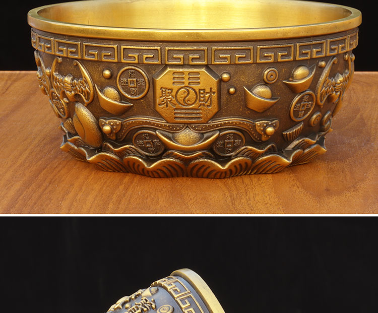 实心铜盆纯黄铜聚宝盆聚财吸金全铜盆缸客厅店铺风水财位摆件 加厚