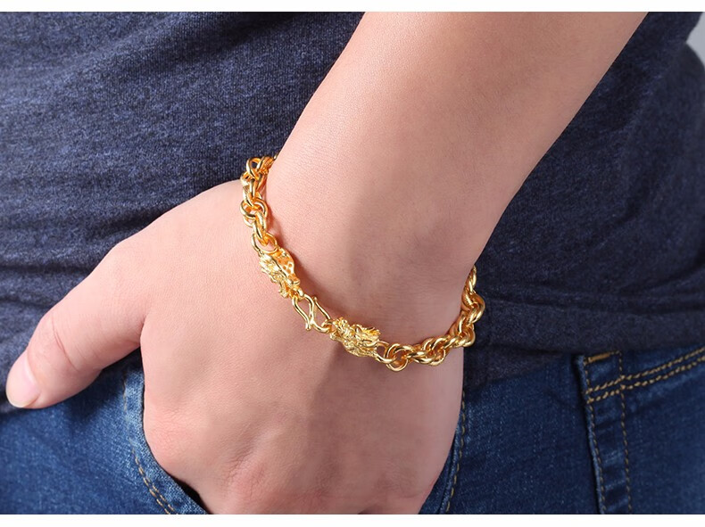 藏大福黄金手链男足金足金9999泰国龙头加粗手链霸气显粗开口实心手环